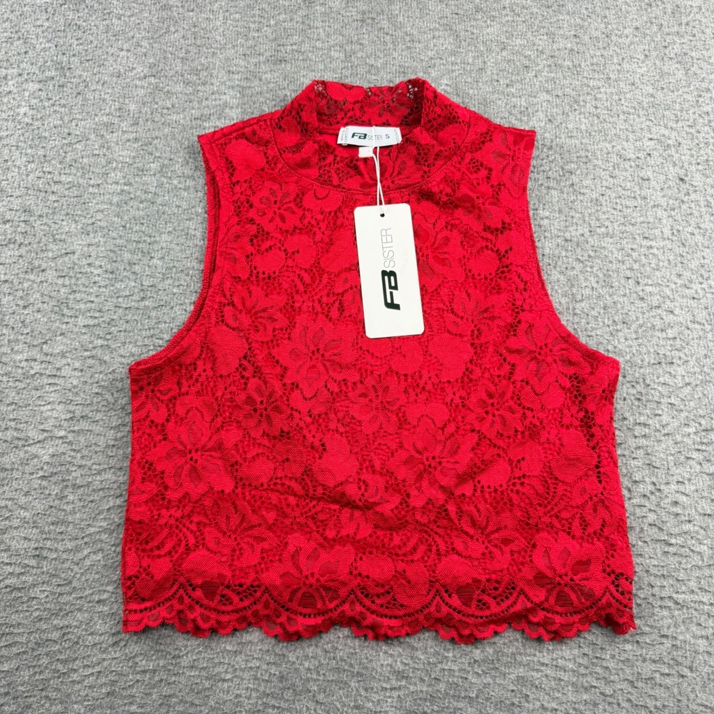 FB Sister Red Lace Women's S Small Sleeveless Mock‎ Neck Crop Top NWT